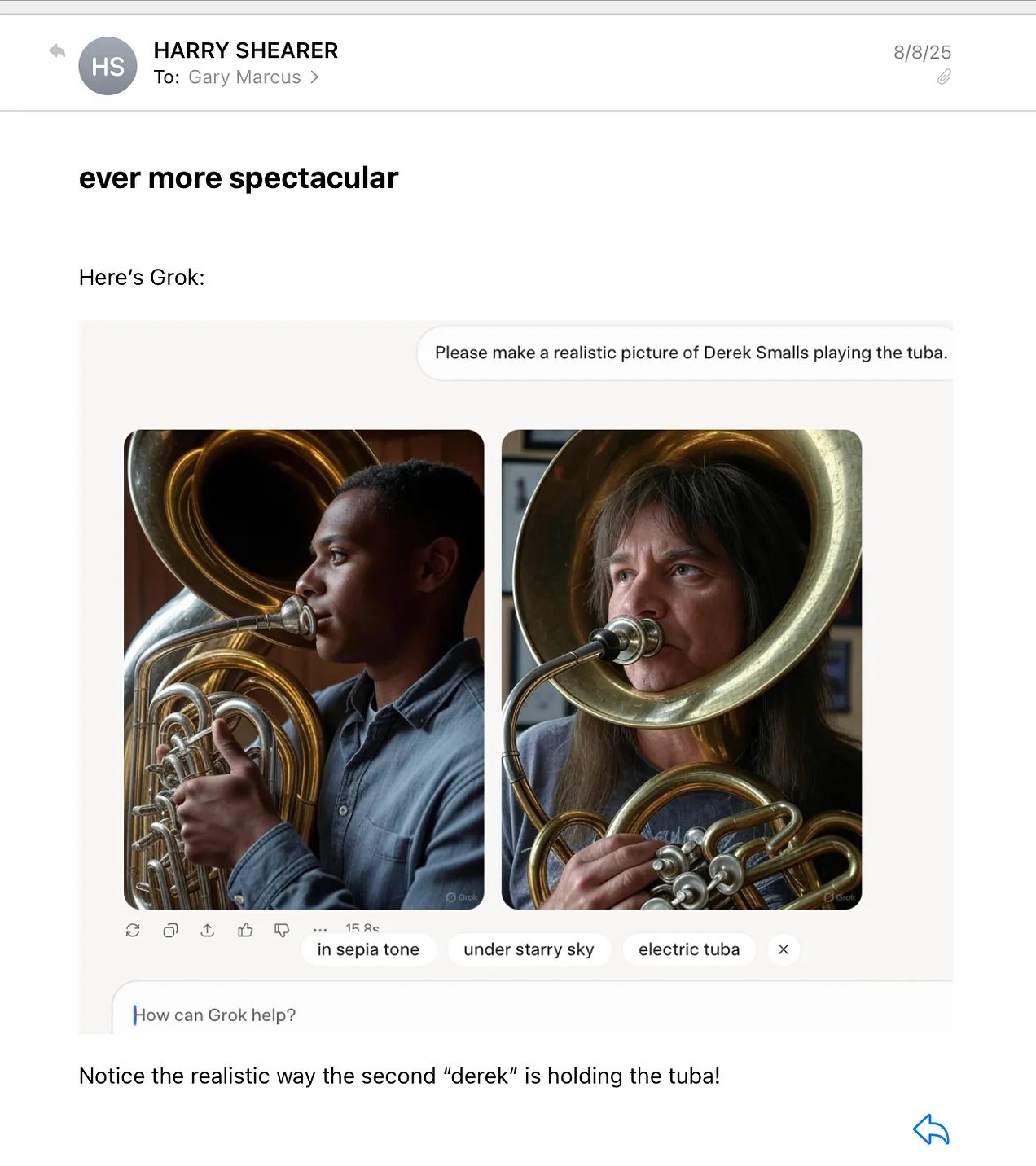 AI generiertes Bild von einem Tubaspieler, sein Kopf ist in der Öffnung der Tuba